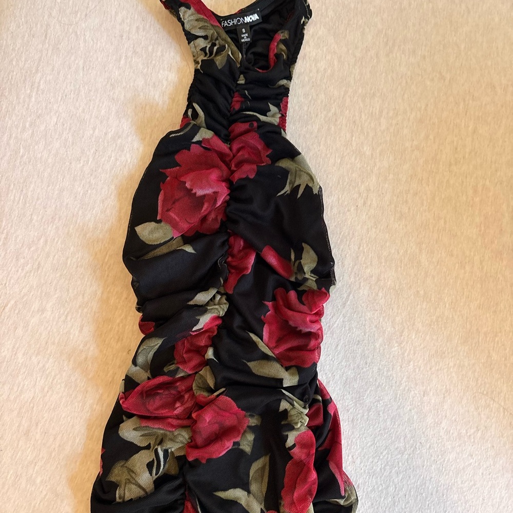 Fashion Nova Black Dress with Red Floral Pattern